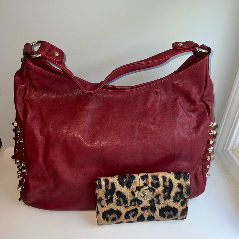 CHARMING CHARLIE SHOULDER HOBO BAG in BURGUNDY FAUX LEATHER W/ STUDS & WALLET